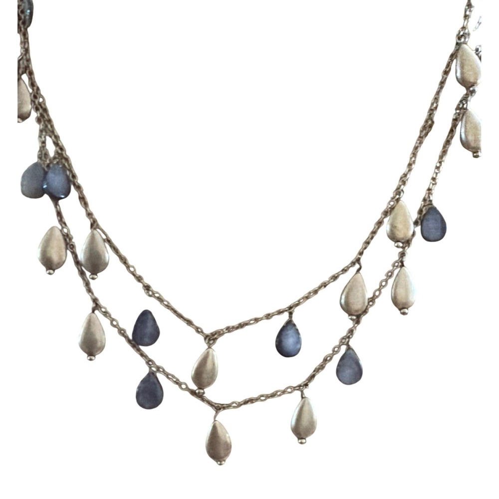 Gold Tone Double Strand Teardrop Charm Necklace Blue Grey Matte Dangle Boho
